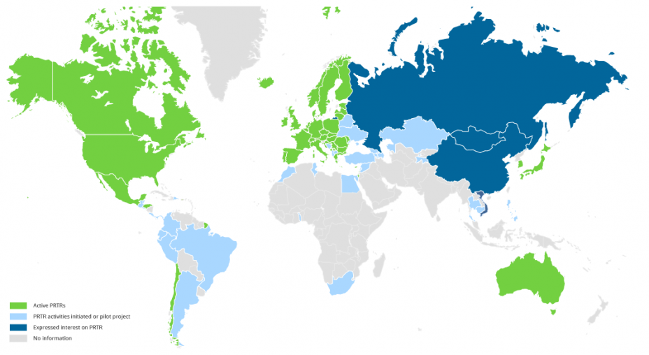 A world map showing the distribution of established PRTR programs, pilot programs, and expressed interest in setting up a PRTR program.