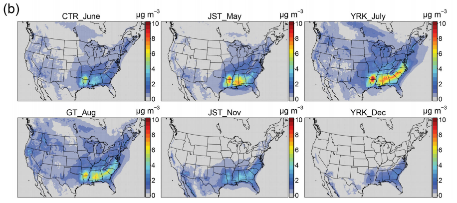 CMAQ secondary organic aerosol concentrations at different times of year