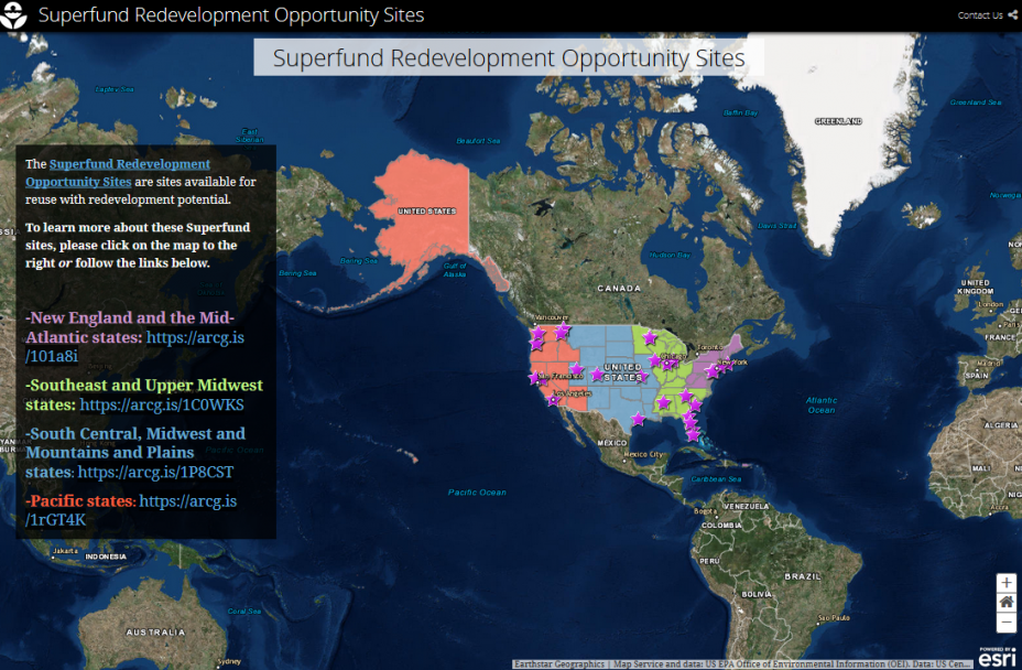 Screenshot of Superfund Redevelopment Opportunity Sites storymap