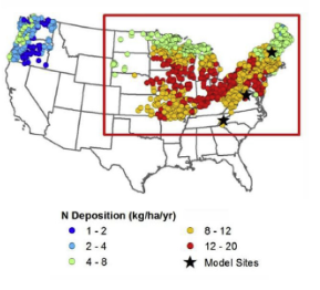 Figure 2: Point locations of the data  for developing species response curves for the eastern U.S. (red box), along with estimates of long-term average total N deposition (2000-2013). 