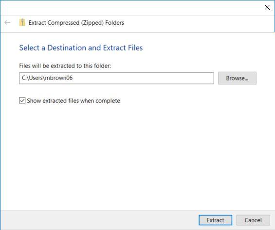 In the Extract dialog box, specify the download path and select the "Show extracted files when complete" checkbox
