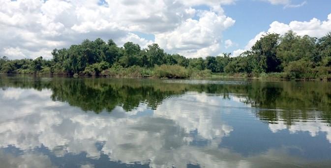 Fluffy clouds dapple the sky are reflected in the river lined with Green trees