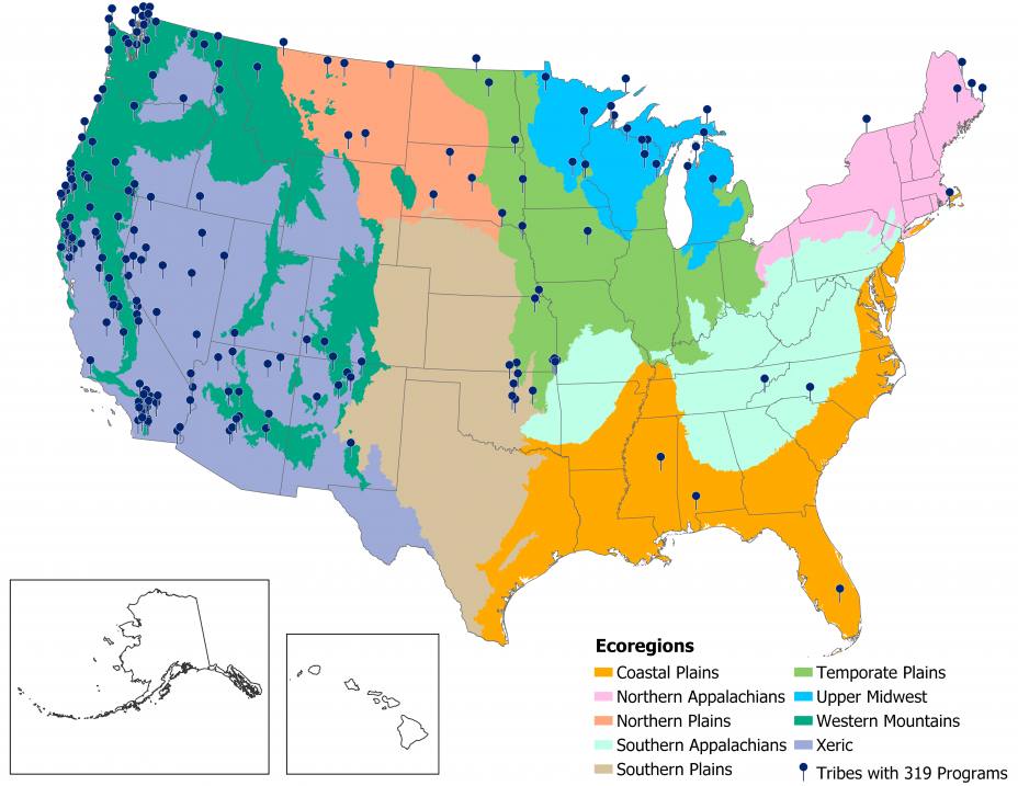 This is a map showing the approximate locations of the 203 tribes with EPA-approved NPS programs as of federal fiscal year 2019