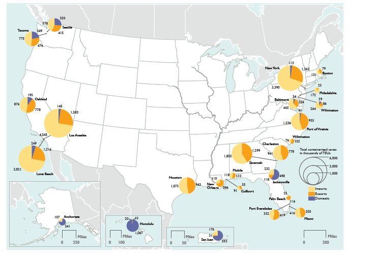 A map of the U.S. showing top 25 container ports