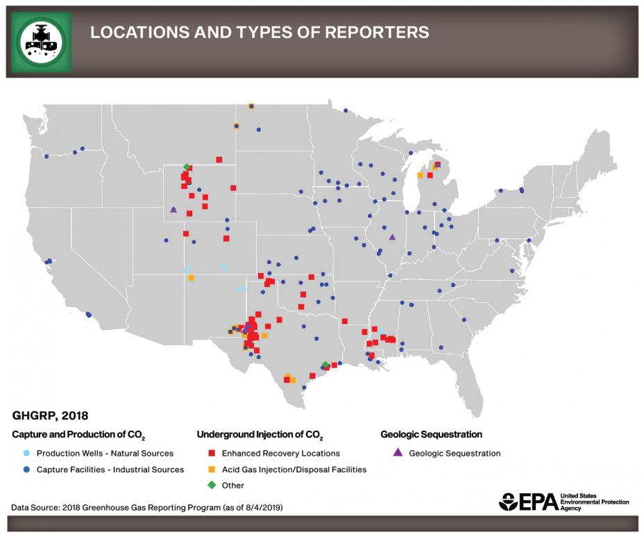 U.S. map marking locations of facilities that capture or produce CO2 or inject it underground