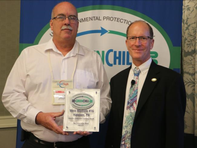 Weis Markets in Hanover, PA accepts a recognition for 10 years of GreenChill store certification.