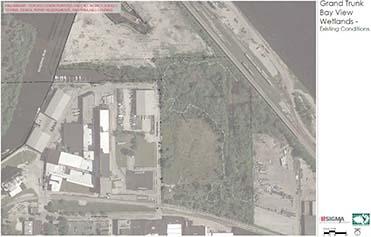 Map of The Grand Trunk Wetland is located at 1980 S. Marina Drive and 632 E. Bay St. in Milwaukee’s inner harbor