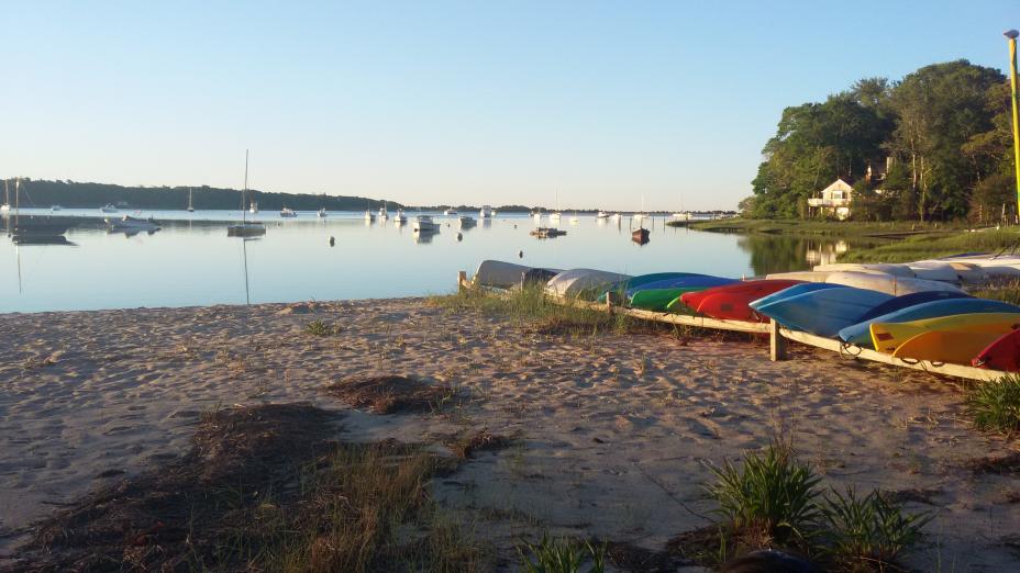 Picture of a beach with sand in the foreground, a rack holding different colored kayaks. Sail boats are seen on the water in the distance. 