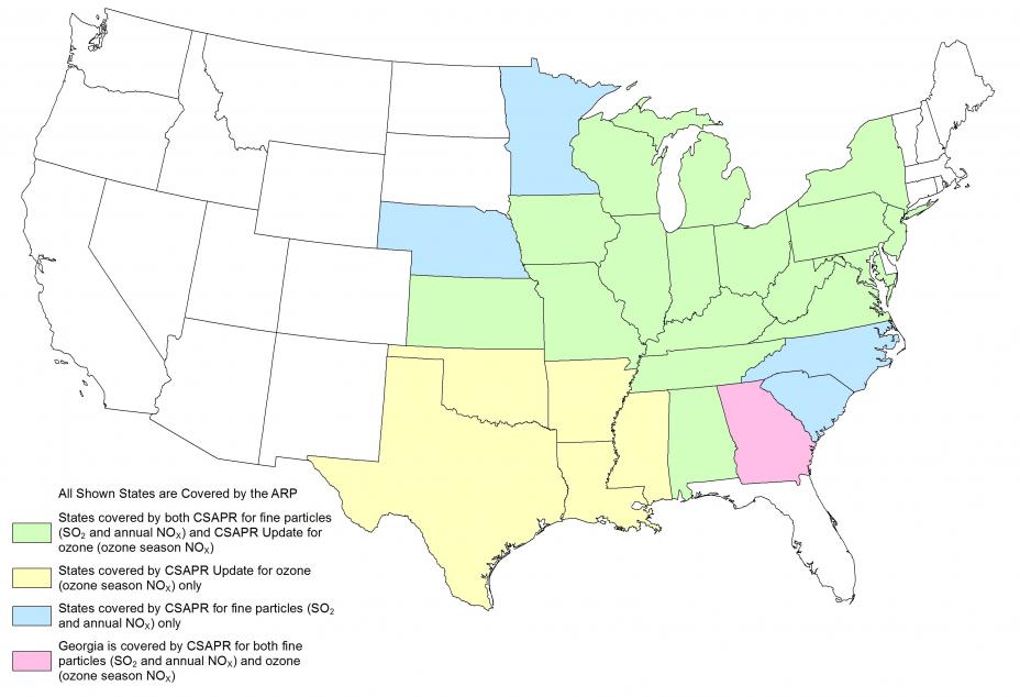 Map showing states affected by the CSAPR, CSAPR Update and Acid Rain Programs