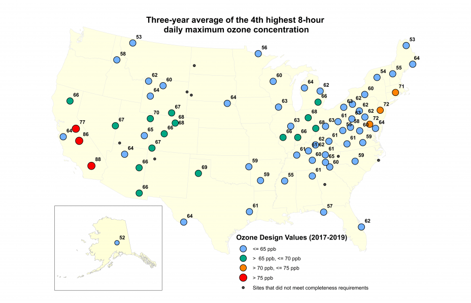 Three-year average of the 4th highest 8-hour daily maximum ozone concentration (2016-2018)