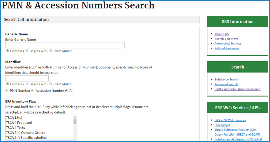 Substance Registry Services (SRS) - Accession Number Search Screen