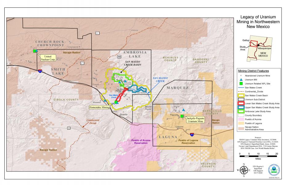 This map depicts the Grants Mining District as it stretches from Navajo Nation land in the map's upper left corner southeast along US Highway 40 through McKinley, Cibola, and Bernalillo counties in New Mexico.