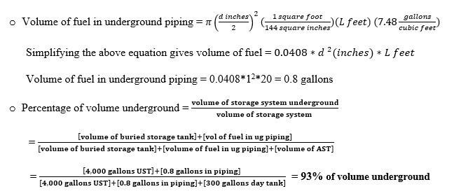 Volume of fuel in underground piping = π((d inches)/2)^2 ((1 square foot)/(144 square inches))(L feet) (7.48 gallons/(cubic feet)) Simplifying the above equation gives volume of fuel = 0.0408(d^2 inches)(L feet)  Volume of fuel in underground piping =0.0408(1^2)(20)=0.8 gallons Percentage of volume underground = the volume of storage system underground divided by the volume of storage system       = ([volume of buried storage tank]+[vol of fuel in ug piping] )/([volume of buried storage tank]+[volume of fuel in ug piping]+[volume of AST]) = ([4,000 gallons UST]+[0.8 gallons in piping] )/([4,000 gallons UST]+[0.8 gallons in piping]+[300 gallons day tank]) = 93% of volume underground