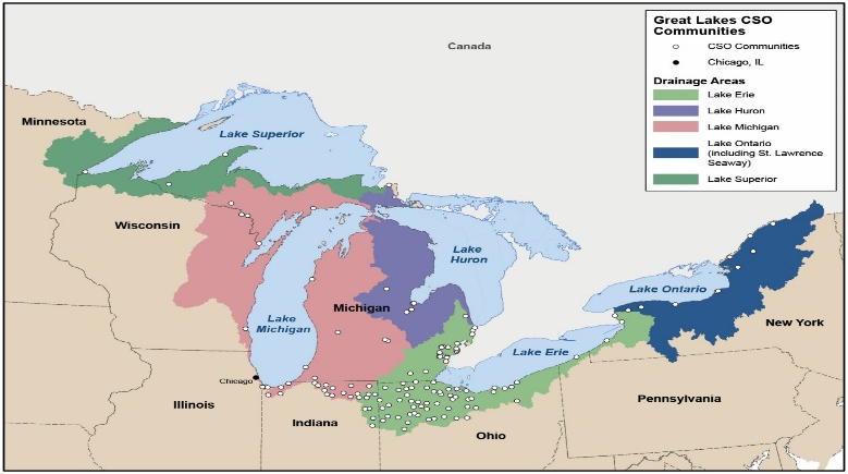 Map of CSOs in the Great Lakes Basin