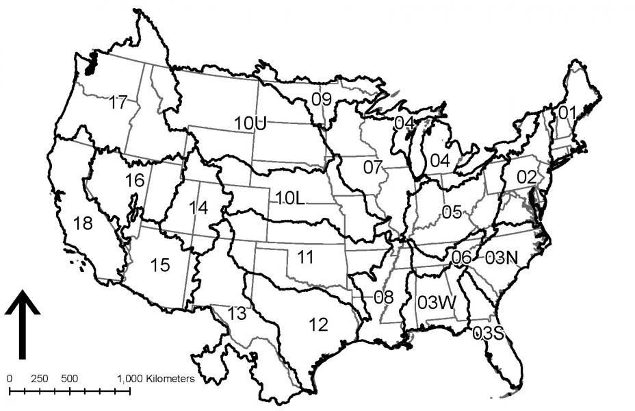 Map of state and hydrographic regions in the United States