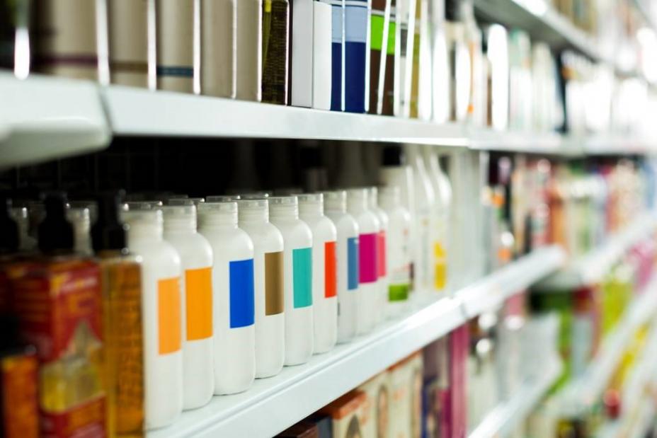 Stock photo of cosmetic bottles on a shelf