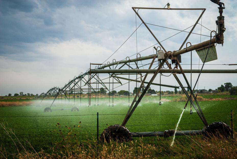 Crop irrigation in Idaho. In 2005, 247 000 km2 of land were irrigated in the US. Just under half was irrigated with sprinklers, one type of which is shown in this figure, with the remainder irrigated by flooding (44%) or micro-irrigation