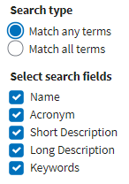 Search type: Match any terms, Match all terms. Select search fields: Name, Acronym, Short Description, Long Description, Keywords