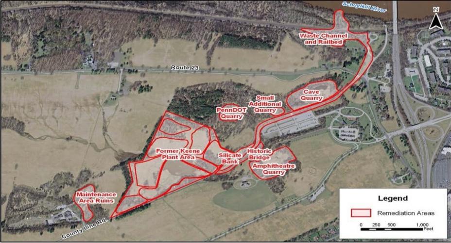 Aerial map with overlay showing remediation areas at what is now Valley Forge National Park