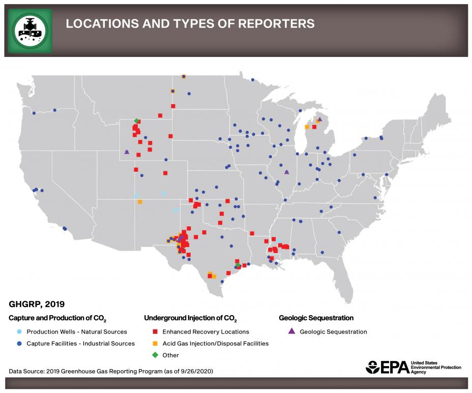 U.S. map marking locations of facilities that capture or produce CO2 or inject it underground