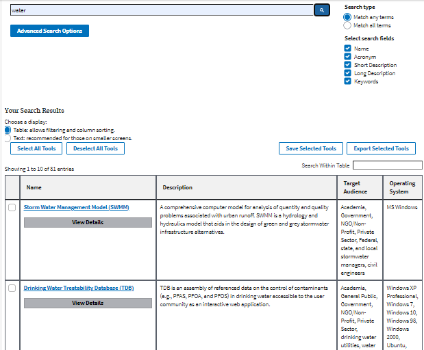 A search using the term "water" produces the results Storm Water Management Model (SWMM) and Drinking Water Treatability Database (TDB). These are the only two results visible out of 81 total