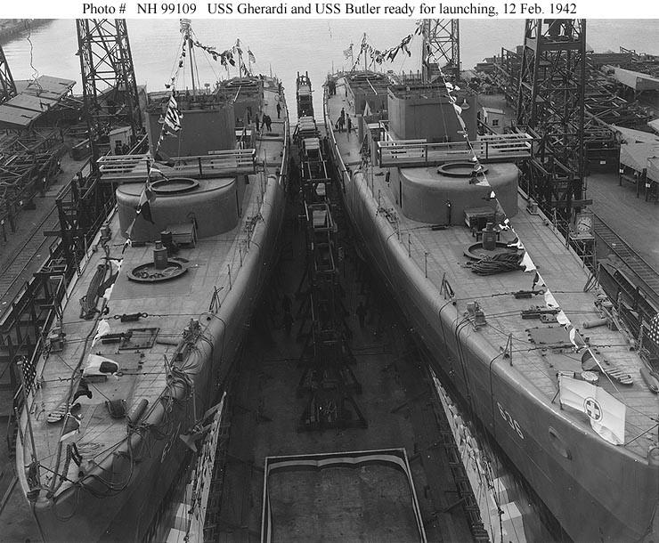 USS Gherardi and USS Butler in dry dock, photographed February 12, 1942.