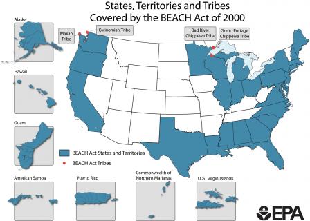 Map showing states, territories and tribes covered by BEACH Act: AL, AK, CA, CT, DE, FL, GA, HI, IL, IN, LA, ME, MD, MA, MI, MN, MS, NH, NJ, NY, NC, OH, OR, PA, RI, SC, TX, VA, WA, WI, AS, GU, NP, PR, VI, Grand Portage Chippewa, Bad River Chippewa, Makah 