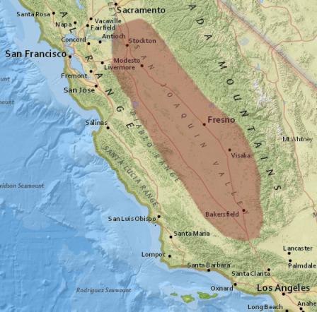 Map showing the general area of the San Joaquin Valey, between the San Francisco Bay Area nad the Sierra Nevada Mountains.