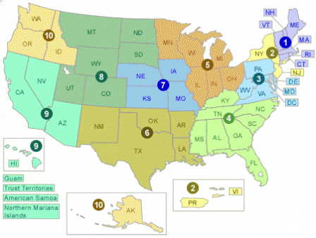 Map showing EPA regions