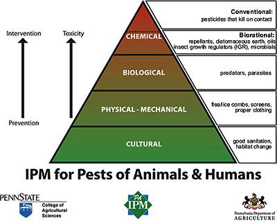 IPM for Pests of Animals and Humans: The options for pest control include cultural tools like good sanitation and habitat change, physical – mechanical tools like flea/lice combs, screens and proper clothing, biological tools like predators and parasites, and chemical tools like conventional pesticides that kill on contact, and biorational pesticides like repellents, oils and microbials. These interventions start with prevention and move toward increasing intervention. The level of potential toxicity also increases as one moves from prevention to intervention.