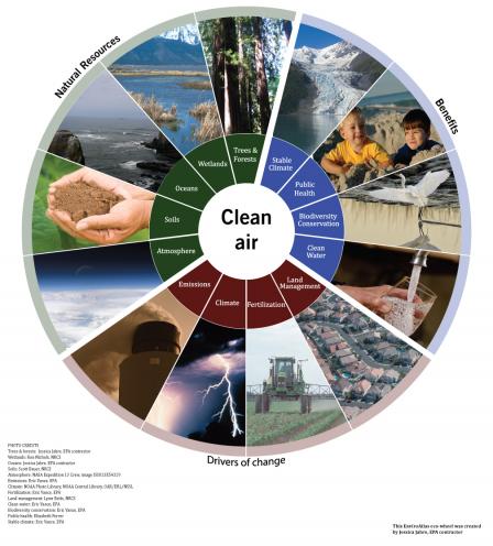 EnviroAtlas Eco-wheel on Clean Air: Shows the resources that provide this service, the benefits to society, and drivers of change.
