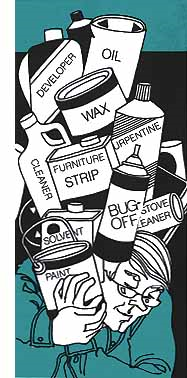Image of man holding the following labeled hazardous products: oil, developer, wax, turpentine, furniture strip, cleaner, paint, solvent, bug-off, and stove cleaner