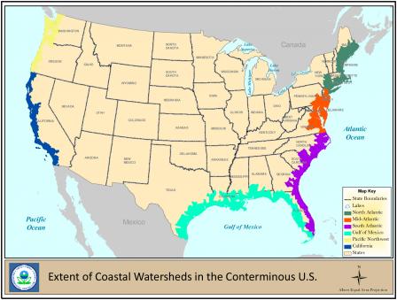 A map highlighting the extent of coastal watersheds in the conterminous U.S.