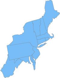 Map showing the northeast region of the US