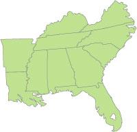 Map showing just the Southeast Region of the United States