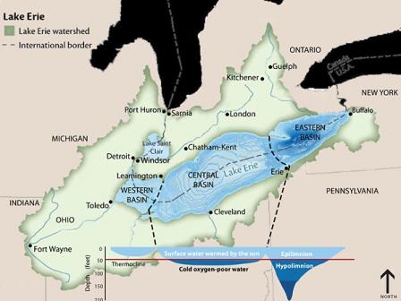 Map showing bathymetry of Lake Erie basin