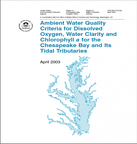 Title page of the "Ambient Water Quality Criteria for Dissolved Oxygen, Water Clarity and Chlorophyll a for the Chesapeake Bay and its tributaries" document published by EPA