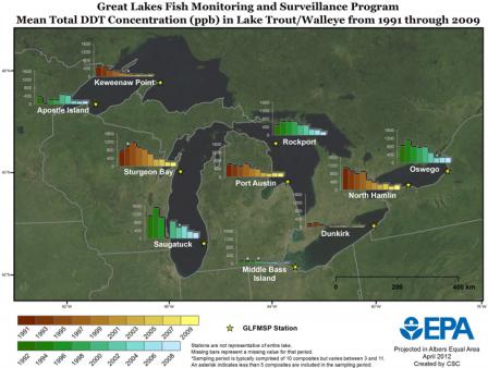Mean total DDT concentration (ppb) in lake trout/walleye from 1991 through 2009.