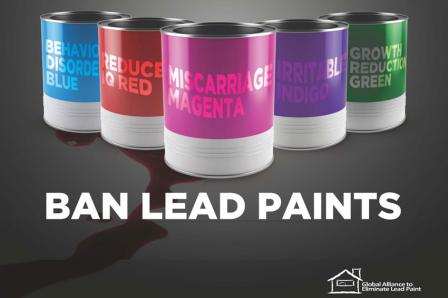 Paint cans with messages that show lead paint can cause lowered IQ, behavioral disorders, and other harm.