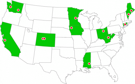 Map showing the states that are included in the case studies list.