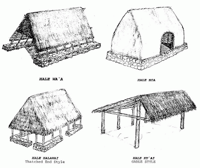 Four examples of Hawaiian indigenous architecture made of wood, stone, and plant fibers.