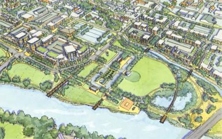 Illustration of the riverfront restoration after removal of wastewater facility.
