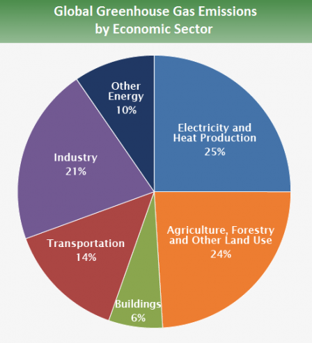 Pie chart showing emissions by sector. 25% is from electricity and heat production; 14% from transport; 6% from residential and commercial buildings; 21% from industry; 24% from agriculture, forestry and other land use; 10% from other energy uses.