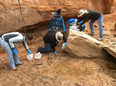 Researchers taking samples from a dry wash