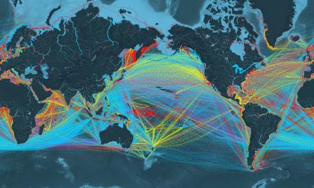 The map shows the universality of vessel traffic overall, and key patterns and concentrations in the major types of vessels used to carry cargo, especially an increase in container ships.