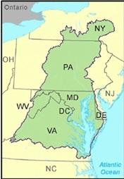 Map showing outline of Chesapeake Bay watershed. The watershed includes parts of six jurisdictions: Maryland, Pennsylvania, New York, Delaware, Virginia, West Virginia, and the District of Columbia.