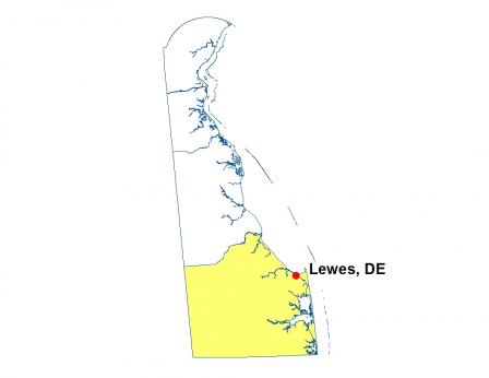A map highlighting the location of Lewes, Delaware