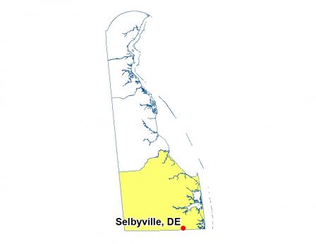 Map showing the location of Selbyville, Delaware. 