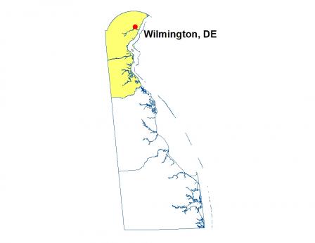 A map highlighting the location of Wilmington Delaware