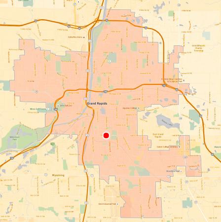 Map of Grand Rapids with pinpont of site area